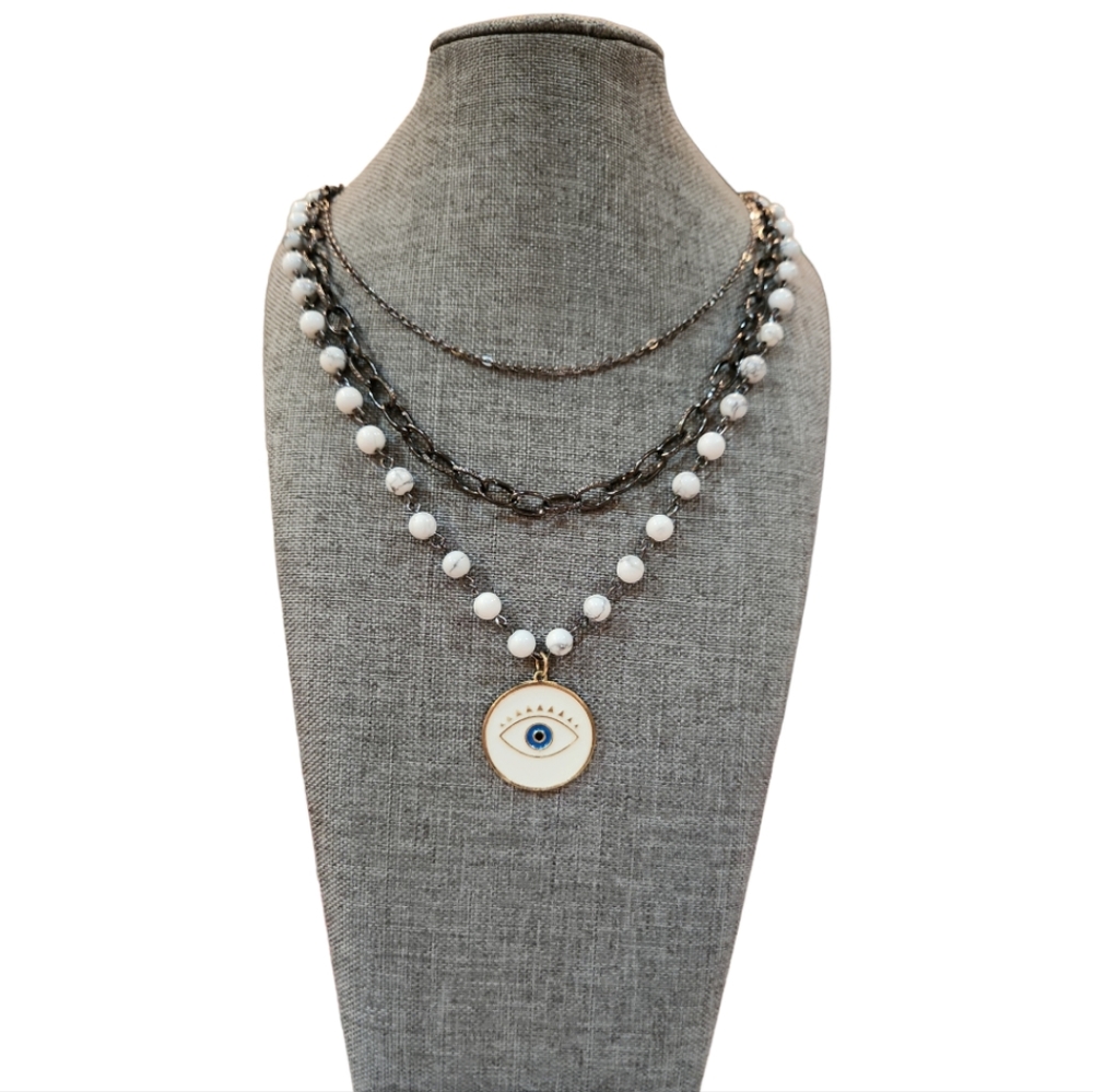 NECKLACE BOHEMIAN GLAM SPIRITUAL WHITE LAYERED CHAIN & BEAD EVIL EYE NECKLACE
